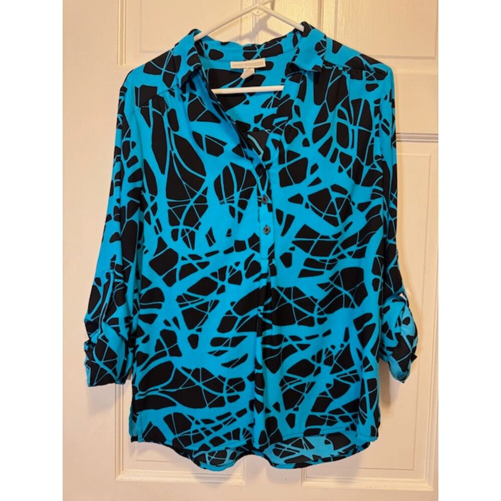 Dana Buchman Women's Roll Tab Blouse Medium Blue Black Abstract Print Tunic Top